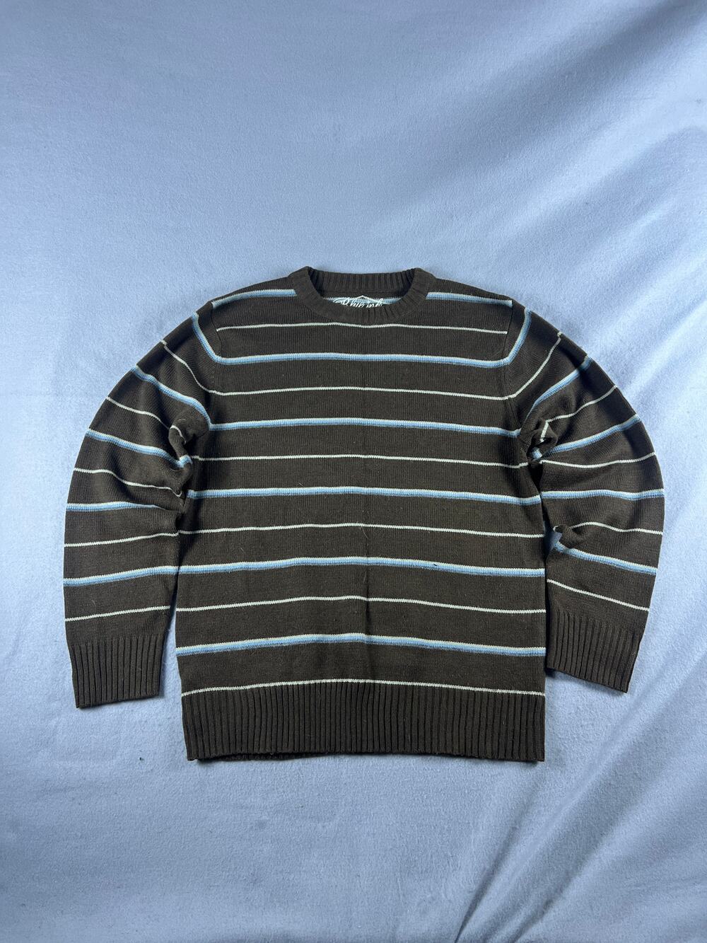 Blue Ink Sweater Mens L Brown Blue Crew Neck Striped Knit Ribbed Y2K Preppy